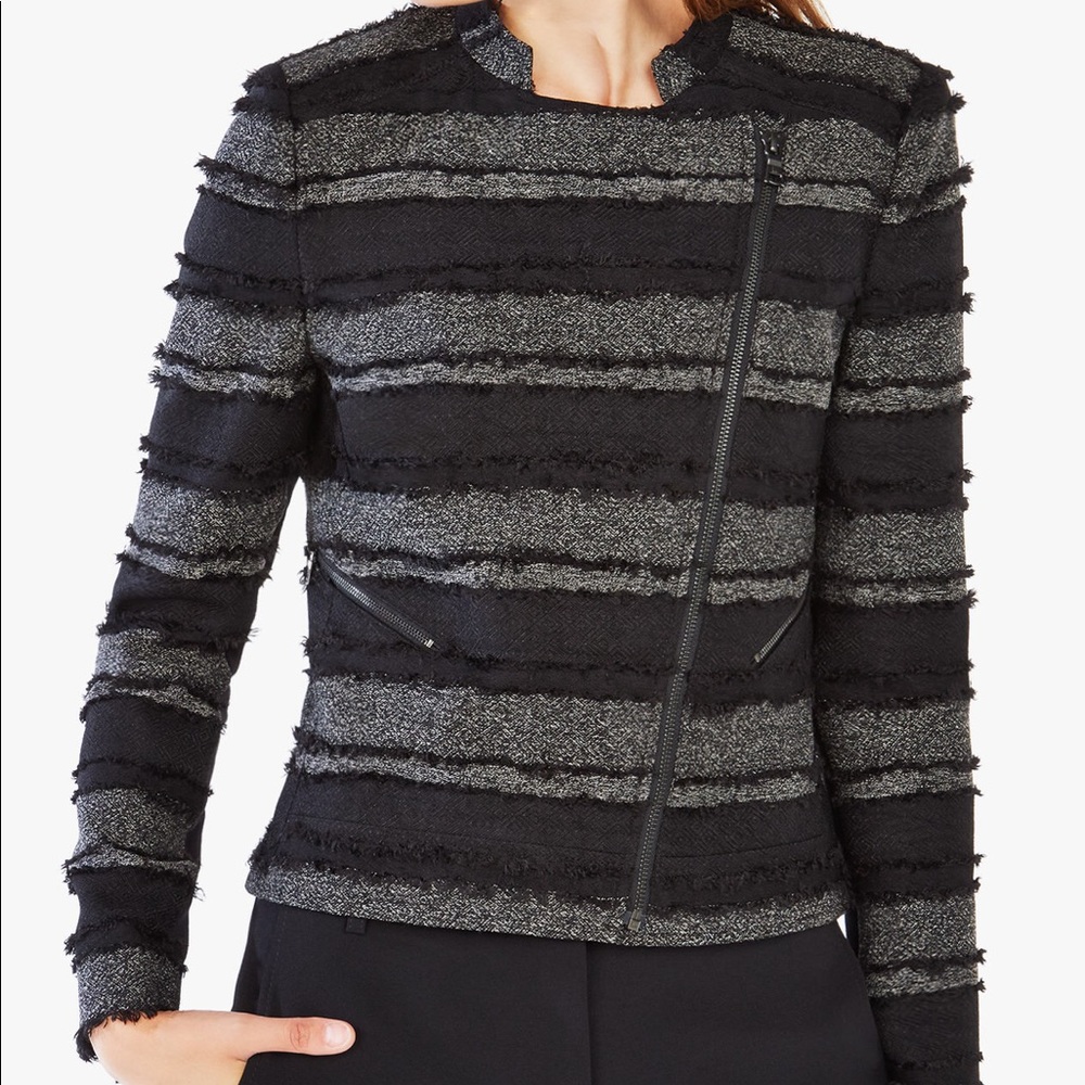 BCBG Maxazria Moto Jacket Black Grey Fringe Size L